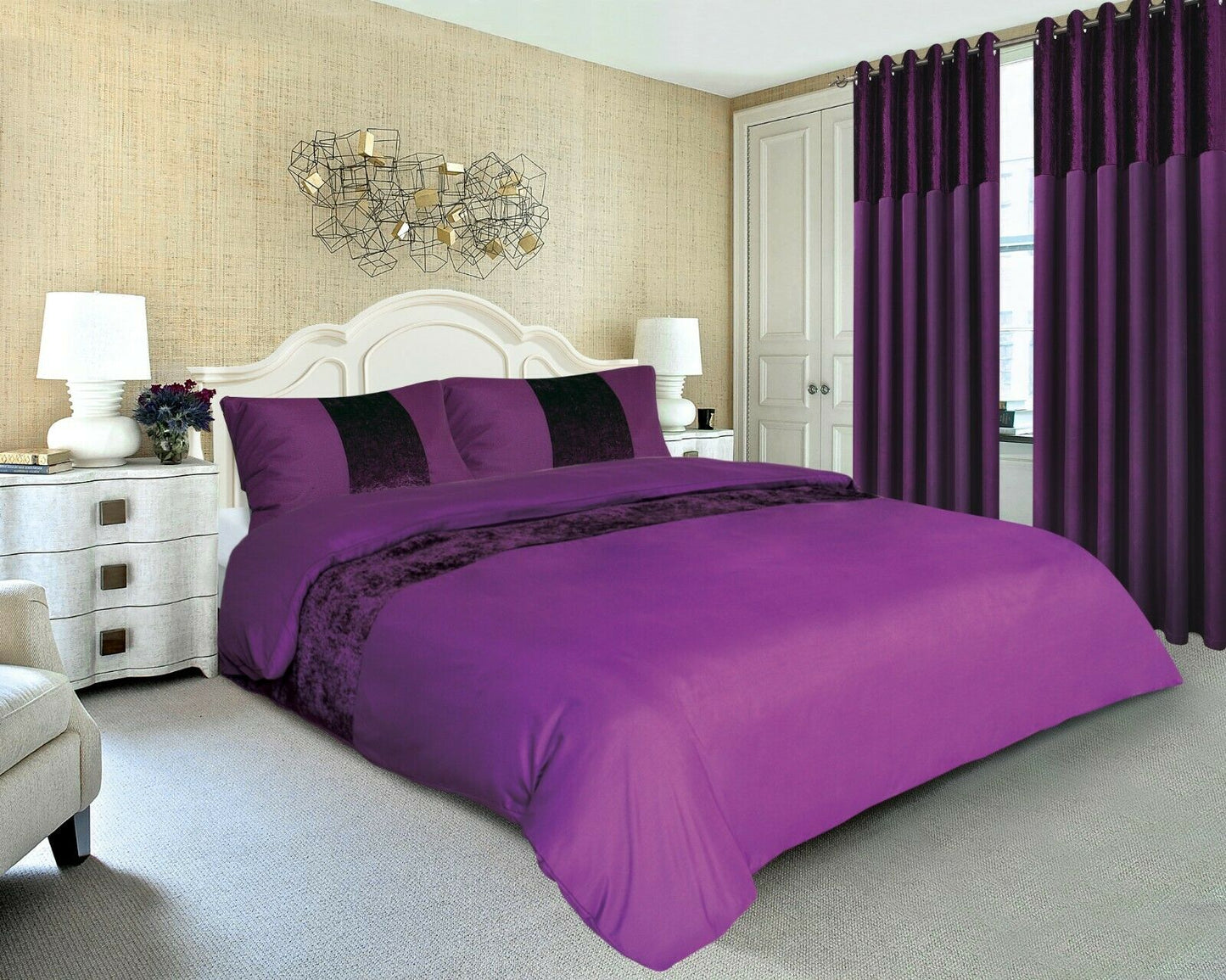 Crushed Velvet Panel Duvet Cover with Pillow Case Bedding Set Silver Grey Black
