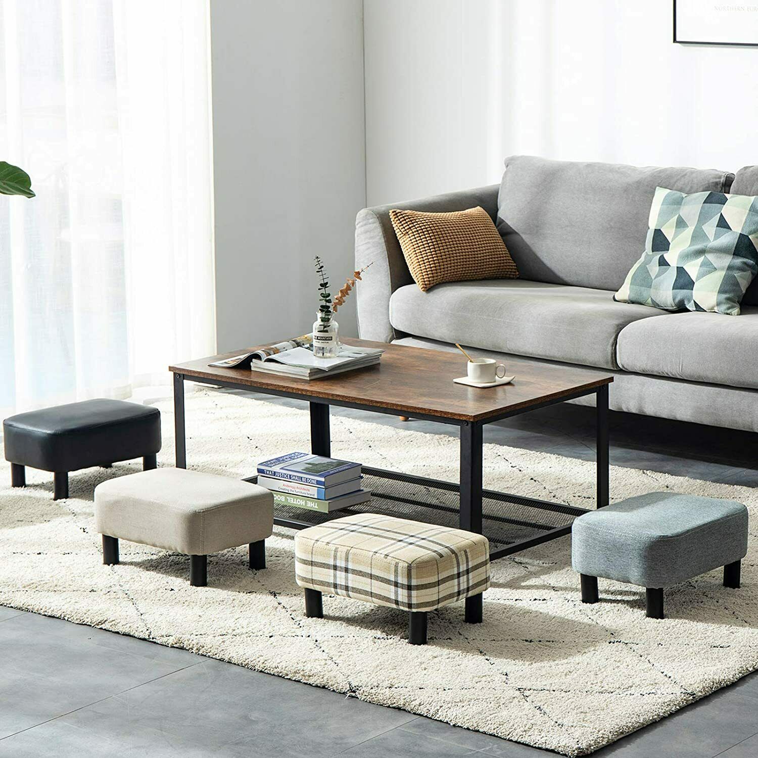 Linen Fabric Padded Stool Bench Footstool Pouffe Ottoman Living Bedroom Footrest