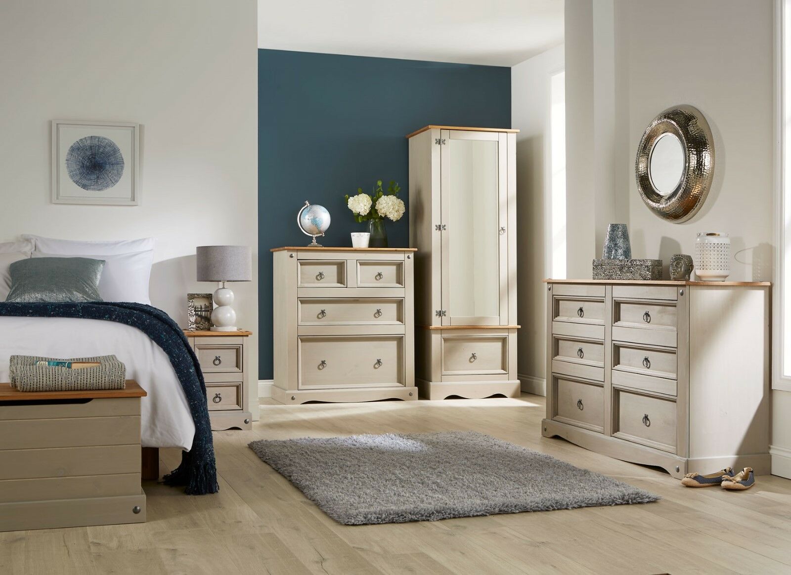 Grey Corona Pine Bedroom Furniture Wardrobe Chest of Drawers Ottoman Bedside