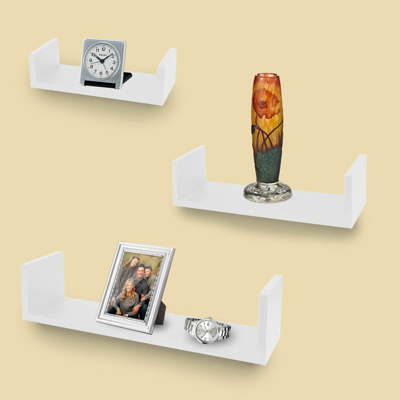 3 U Shaped Floating Wooden Shelves Wall Mounting Shelf Storage Display Book Unit