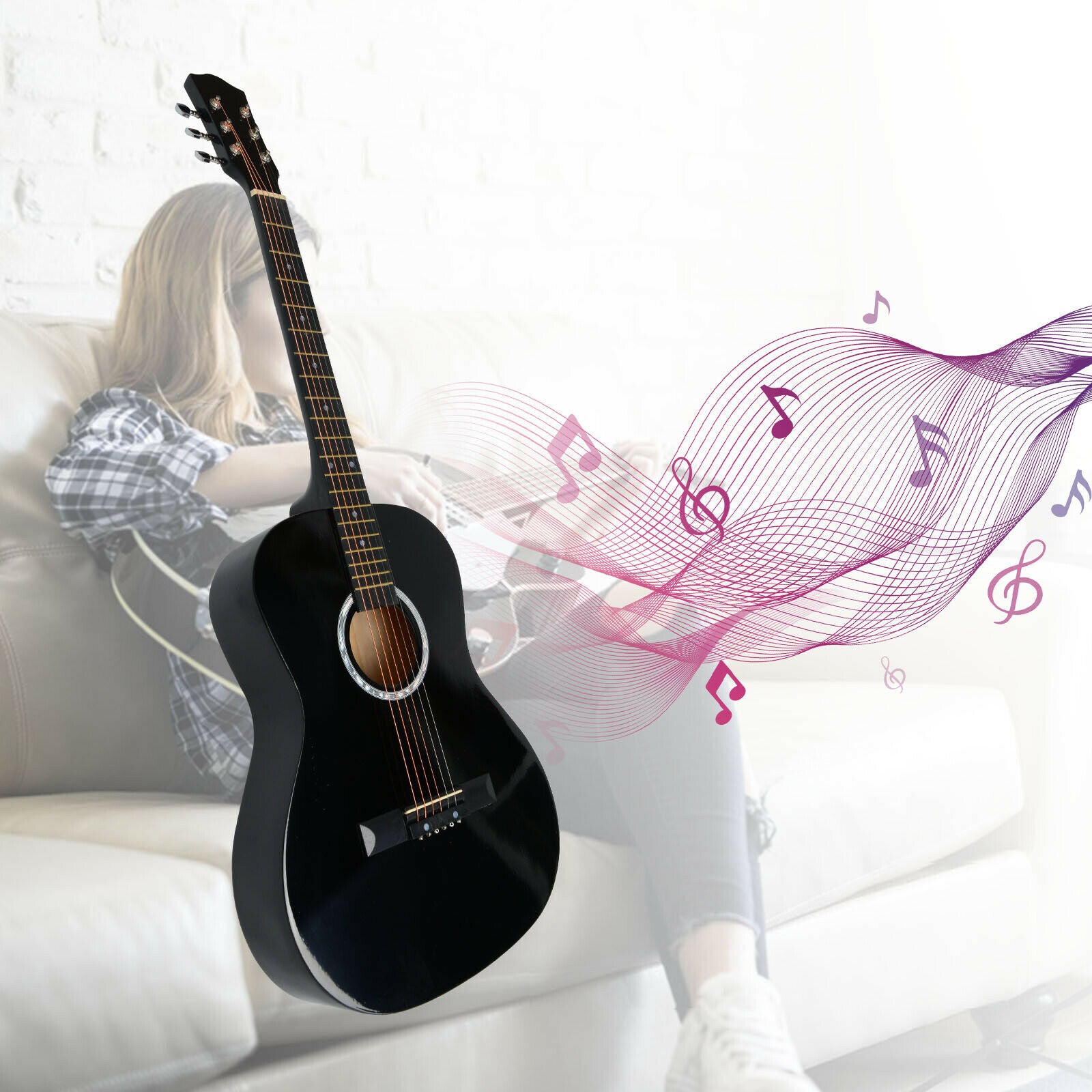 NEW Excellent Black 39" Full Size 6 String Steel Strung Acoustic Guitar UK