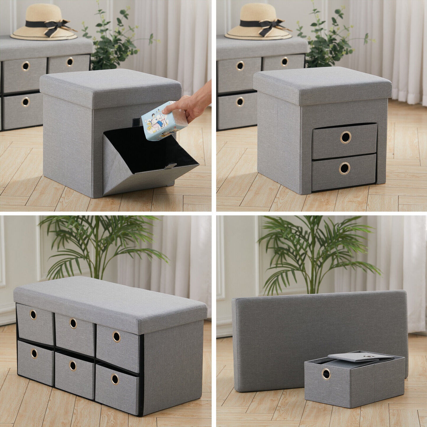 Linen Storage Stool Trunk Ottoman Pouffe Seat Footstool Chair Rect Box ChestGrey