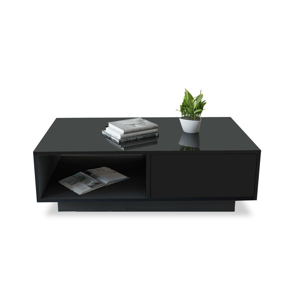 Modern High Gloss Coffee Table With Storage Drawers RGB LED Living Room Wooden