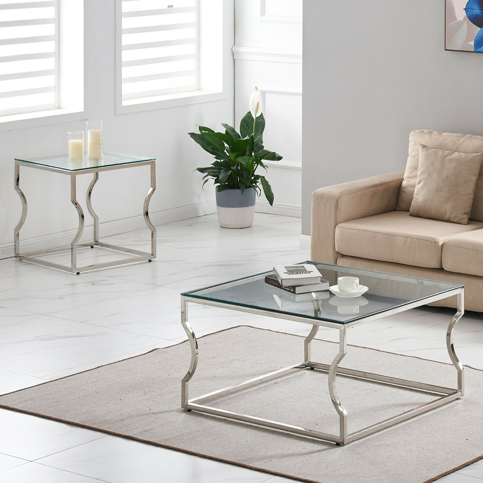 Console Coffee End Table Tinted Tempered Glass Furniture Chrome Crescent Leg