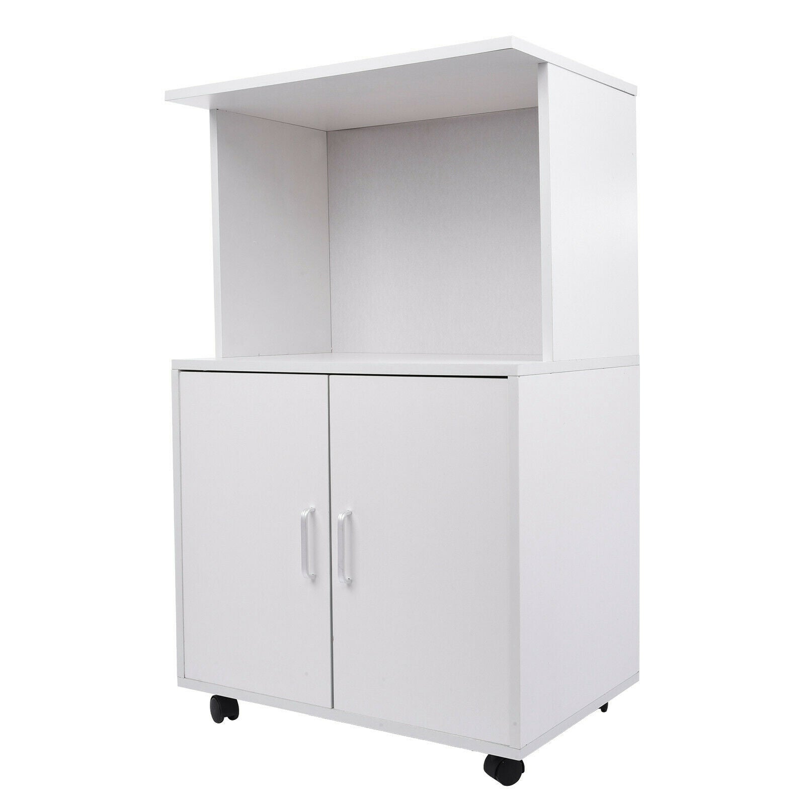 Rolling Kitchen Trolley Microwave Cart 2-Door Cabinet Shelves Gray White UK