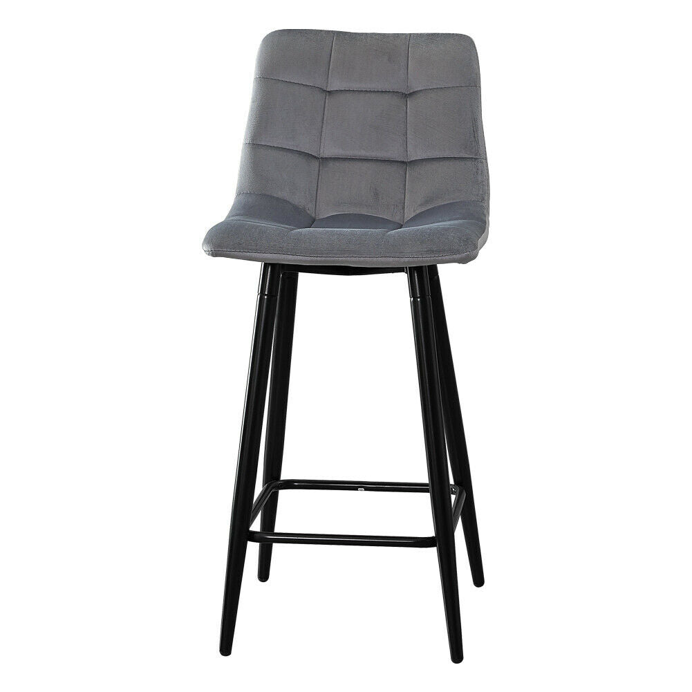 2X Grey Velvet Bar Stools Breakfast Pub Chair With Footrest Modern Home Kitchen