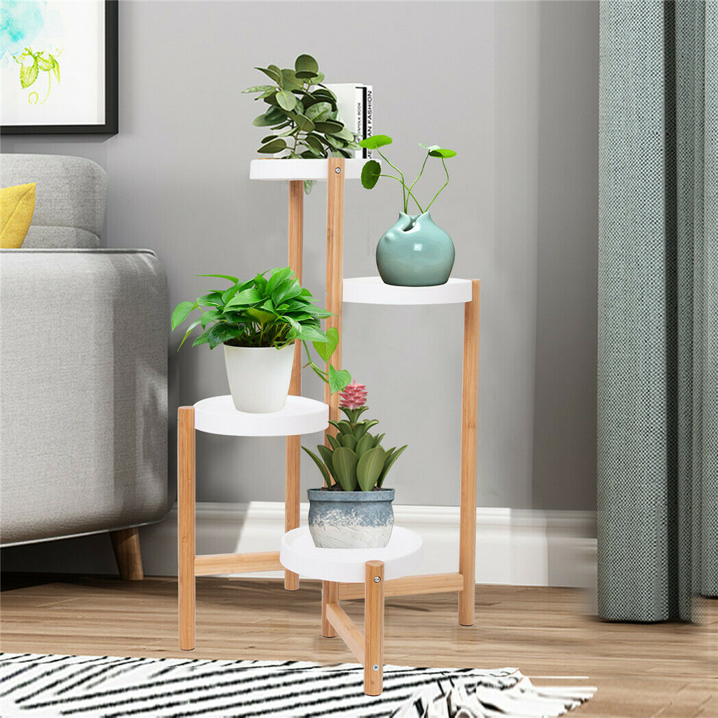 Indoor Corner Bamboo Plant Stand Round Planter Potted Holder End Table Display
