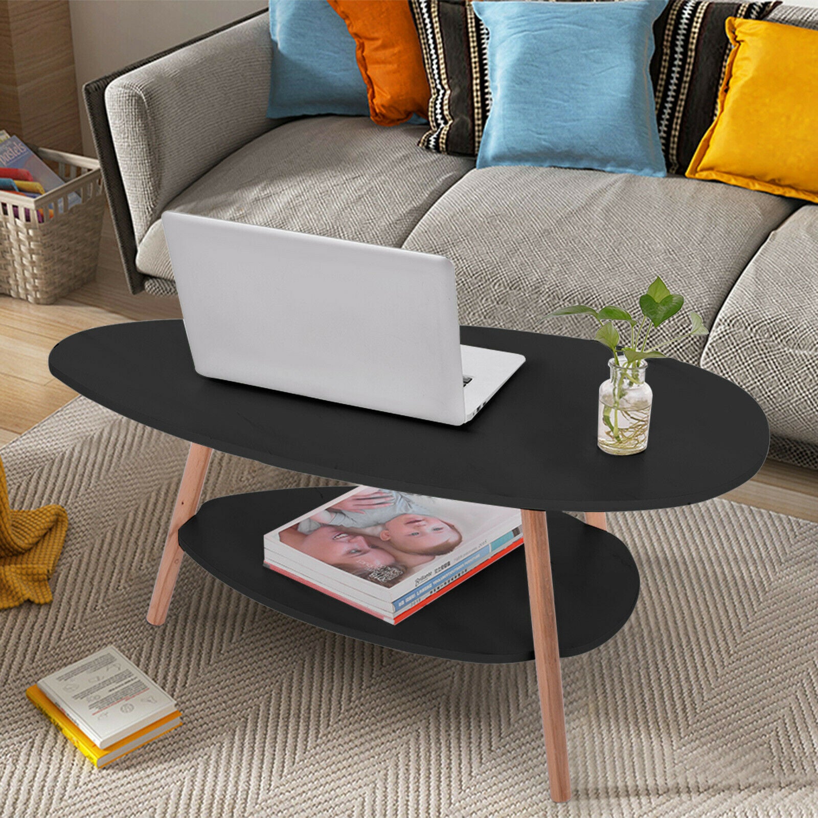 Coffee Table Wooden Legs Side Table Living Room Balcony Home Office Oval Design