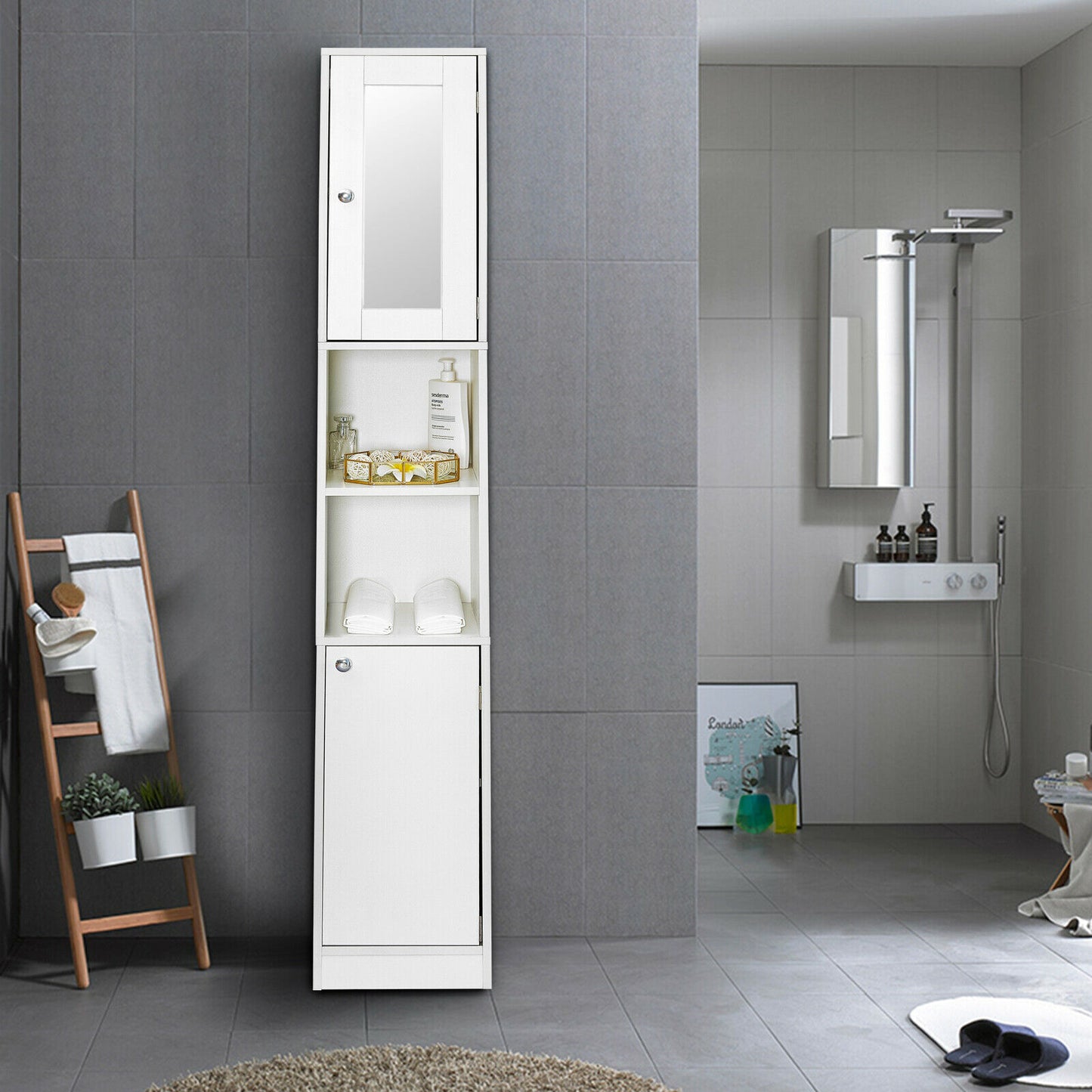Bathroom Cabinet Shelf Mirror Door Tallboy Cupboard Unit Storage White 180 CM