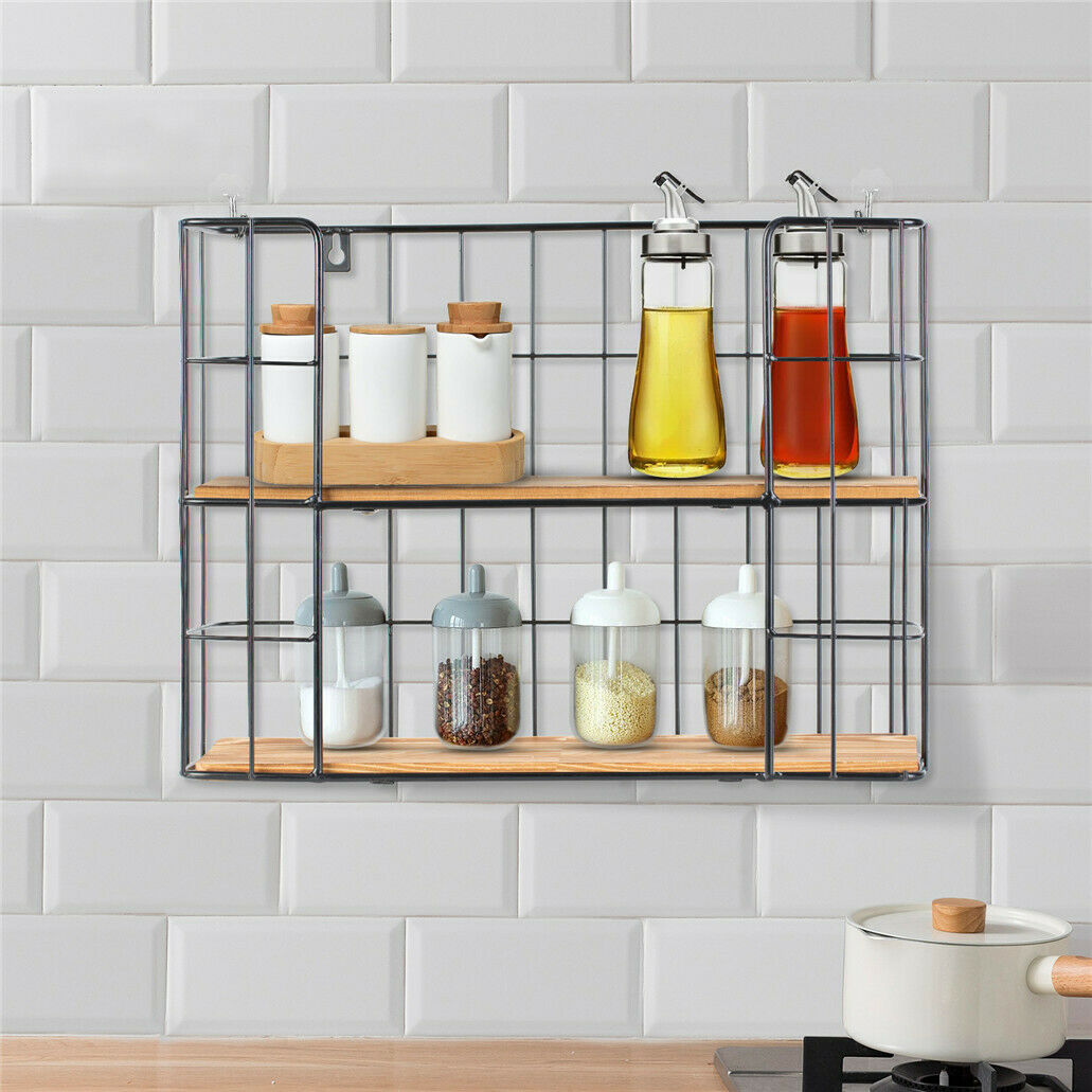 2 Tier Wall Mounted Metal Wire Wood Shelf Floating Shelves Kitchen Storage Rack