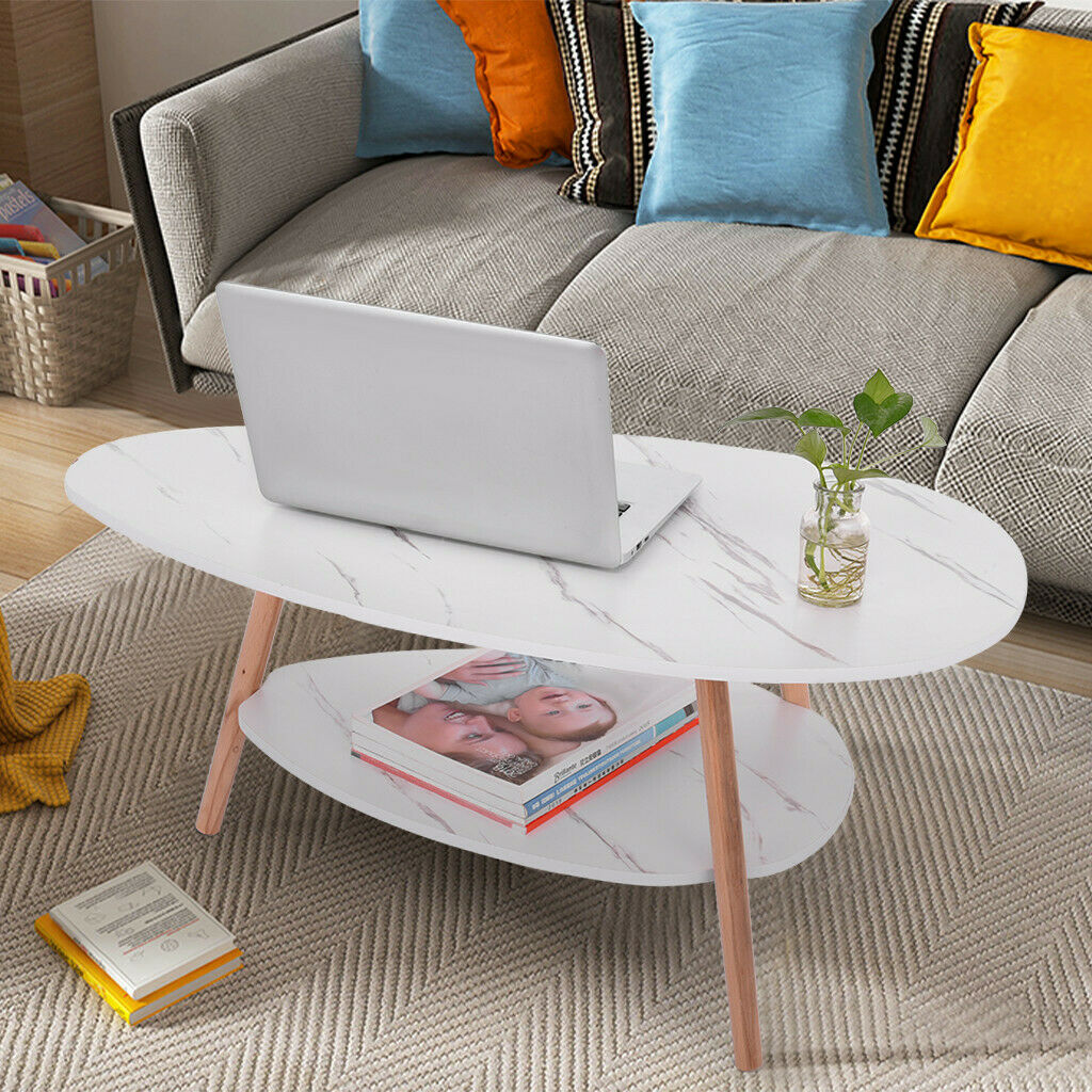 Coffee Table Wooden Legs Side Table Living Room Balcony Home Office Oval Design