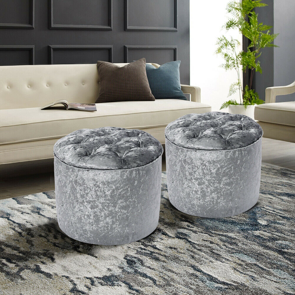 Silver Grey Crushed Velvet Pouffe Stool Diamante Round Ottoman Footrest Seat