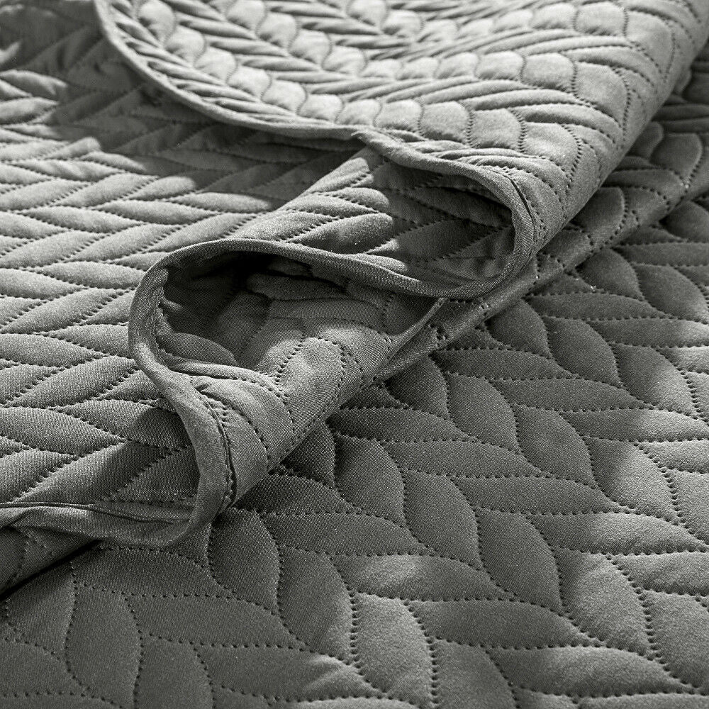 3 Pcs Grey Quilted Bedspread Super King Size Large Bed Throw Over Comforter Set