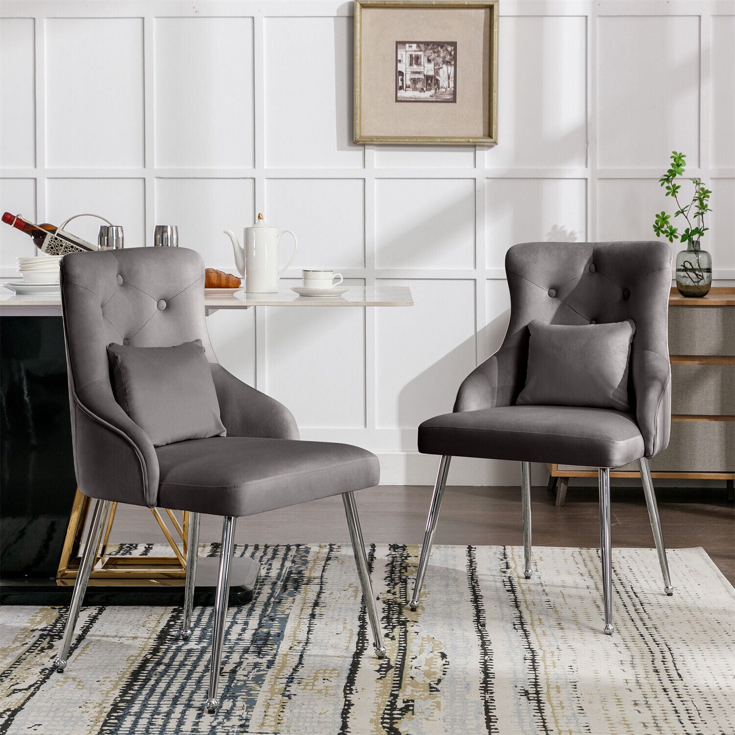 2pcs Dining Chair Upholstered Armchair Velvet Restaurant Office Chair Grey HT