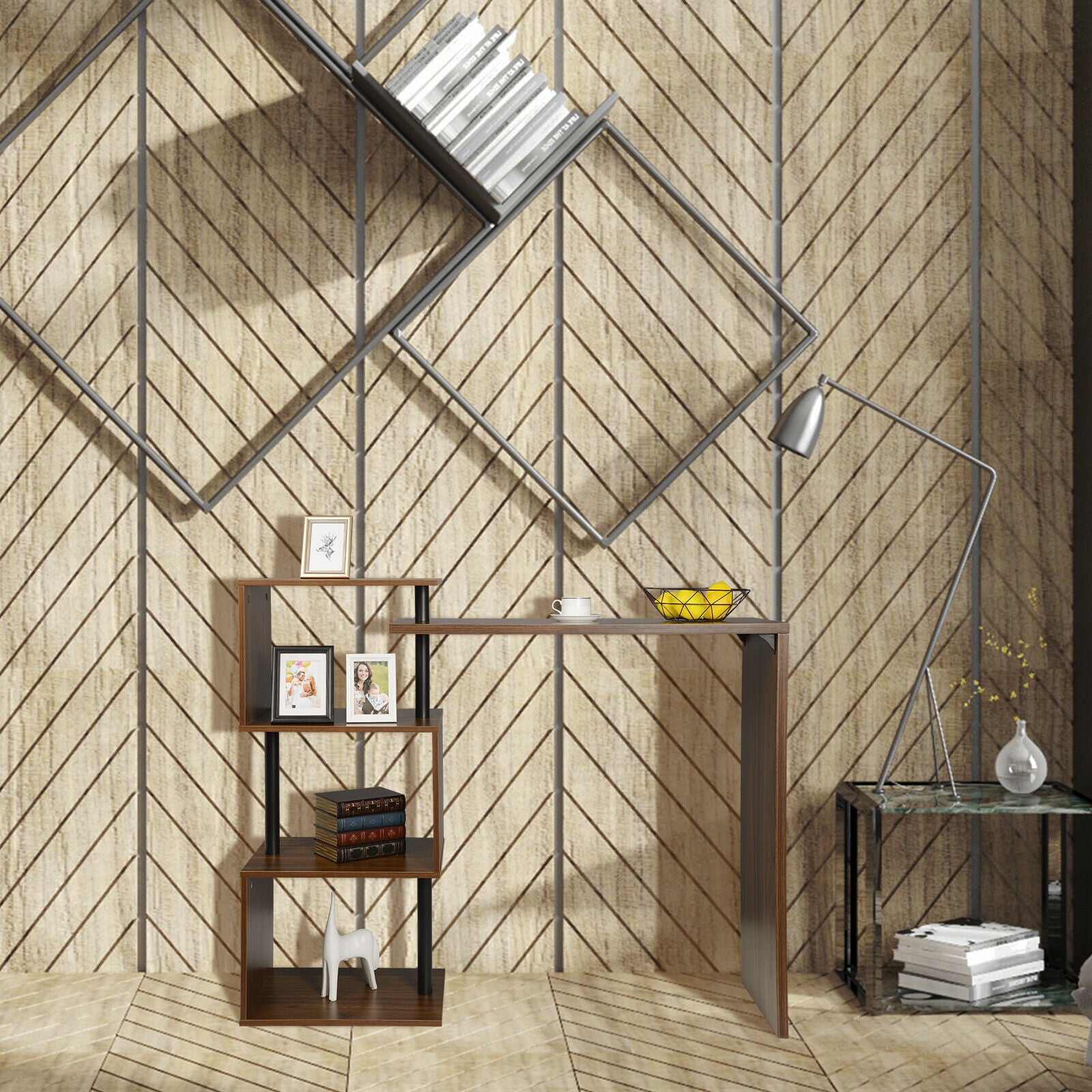 Bar Table Kitchen Dining Breakfast Table with 3-Tier Storage Shelves MDF Metal