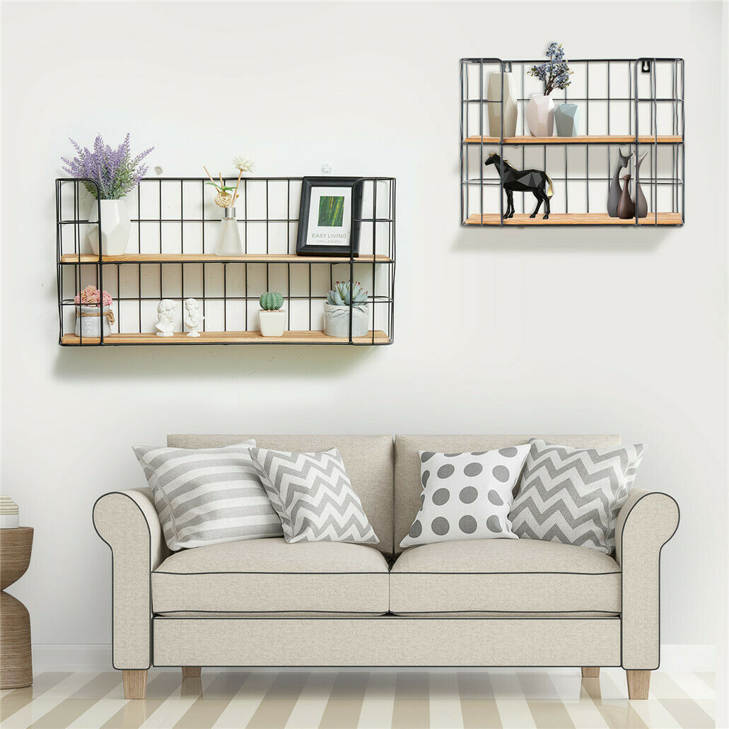 2 Tier Wall Mounted Metal Wire Wood Shelf Floating Shelves Kitchen Storage Rack