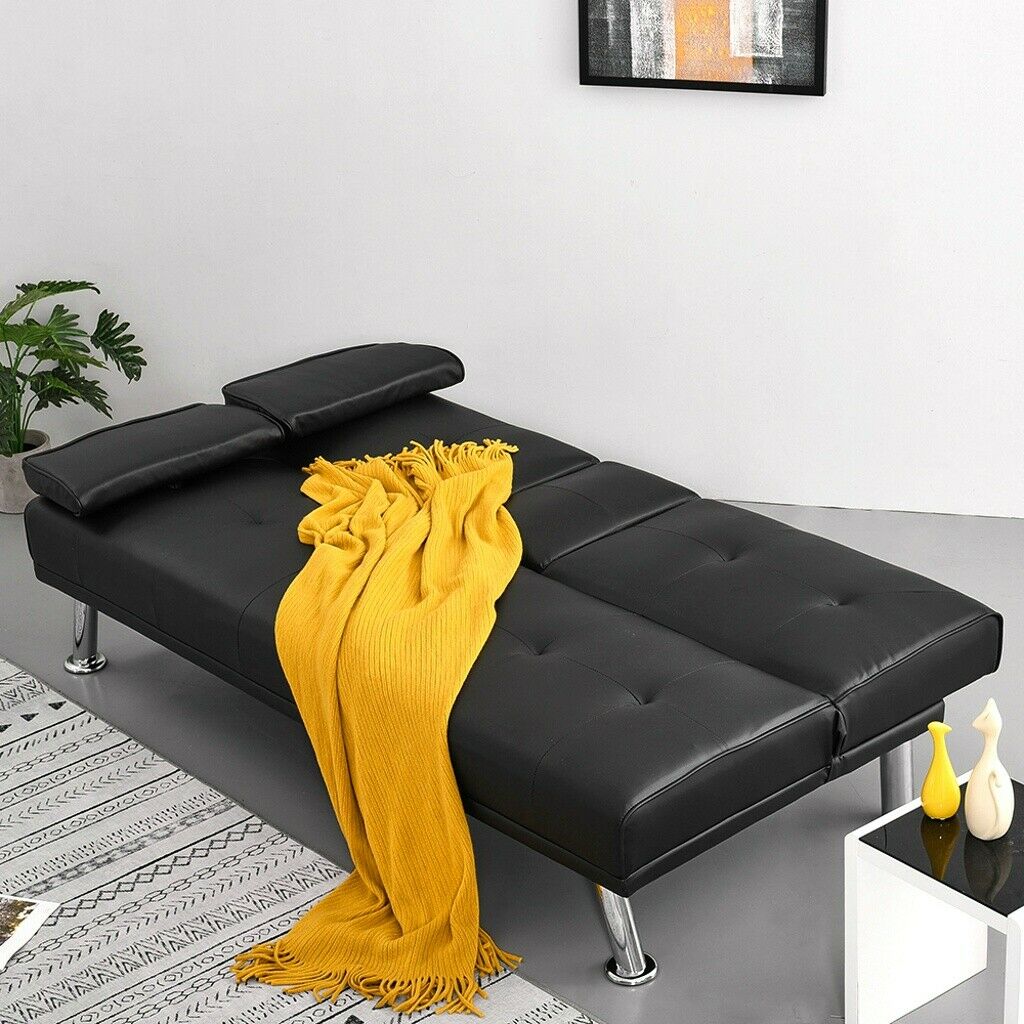 3 Seater Click-Clack Leather Fabric Sofa Bed with 2 Drink Holder Recliner Home