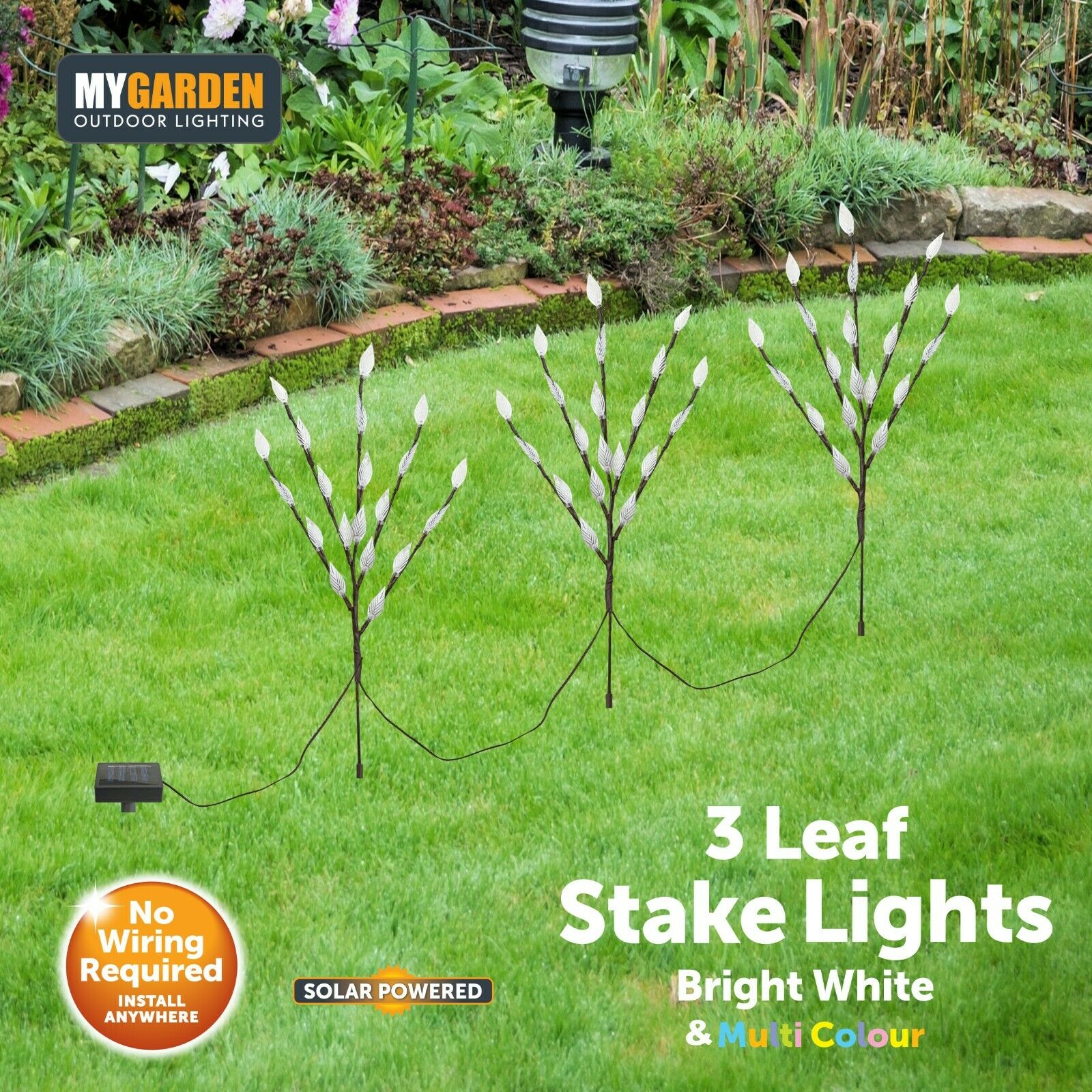 3 x Stylish Branch Tree Twig Leaf Solar Garden 60 White/Multi Coloured LED Light