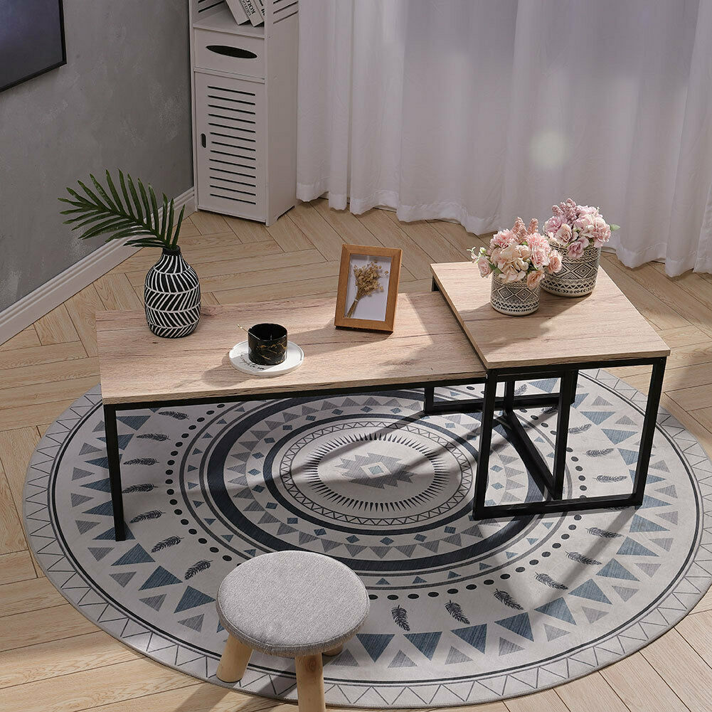 Set of 2 Coffee Tables Side Table Industrial Wooden Top Metal Frame Furniture