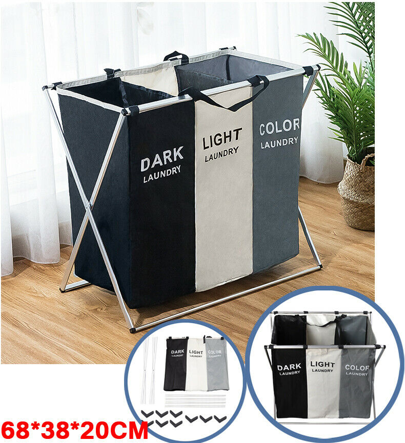 3 Compartments Laundry Clothes Basket Wash Hamper Bin Folding Dirty Storage Bag