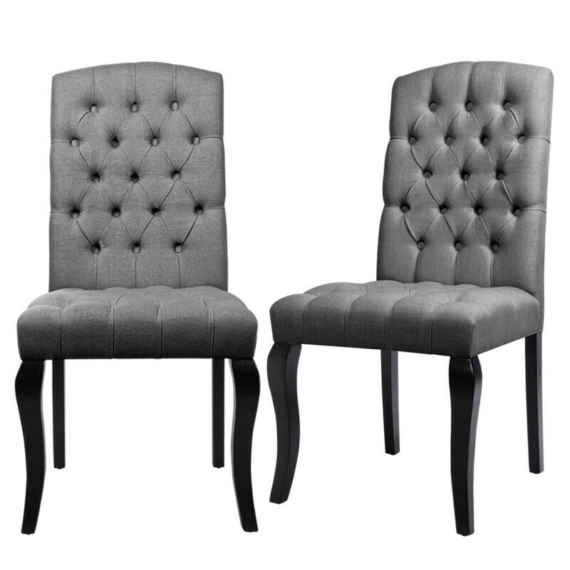 2x Luxury Button Fabric Dining Chairs High Back Chesterfield Style Oak Wood Legs