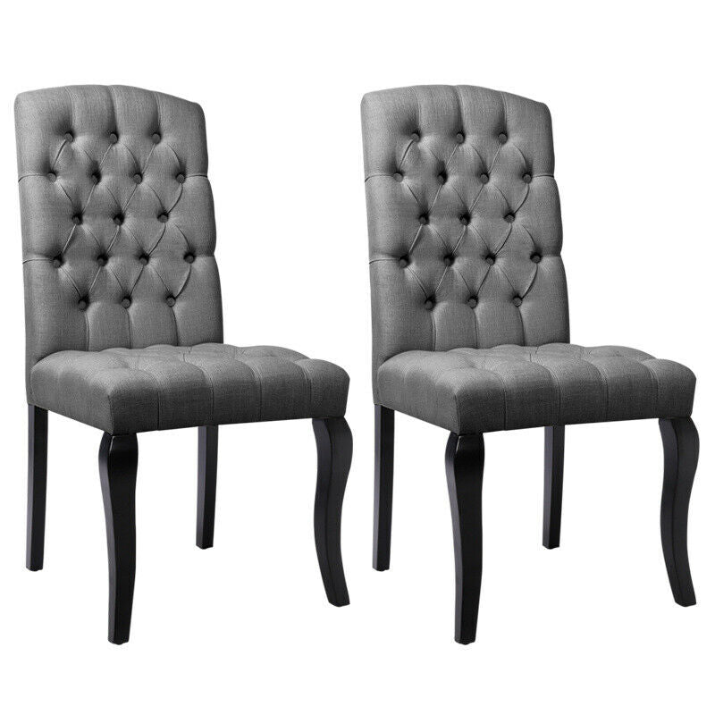 2x Luxury Button Fabric Dining Chairs High Back Chesterfield Style Oak Wood Legs