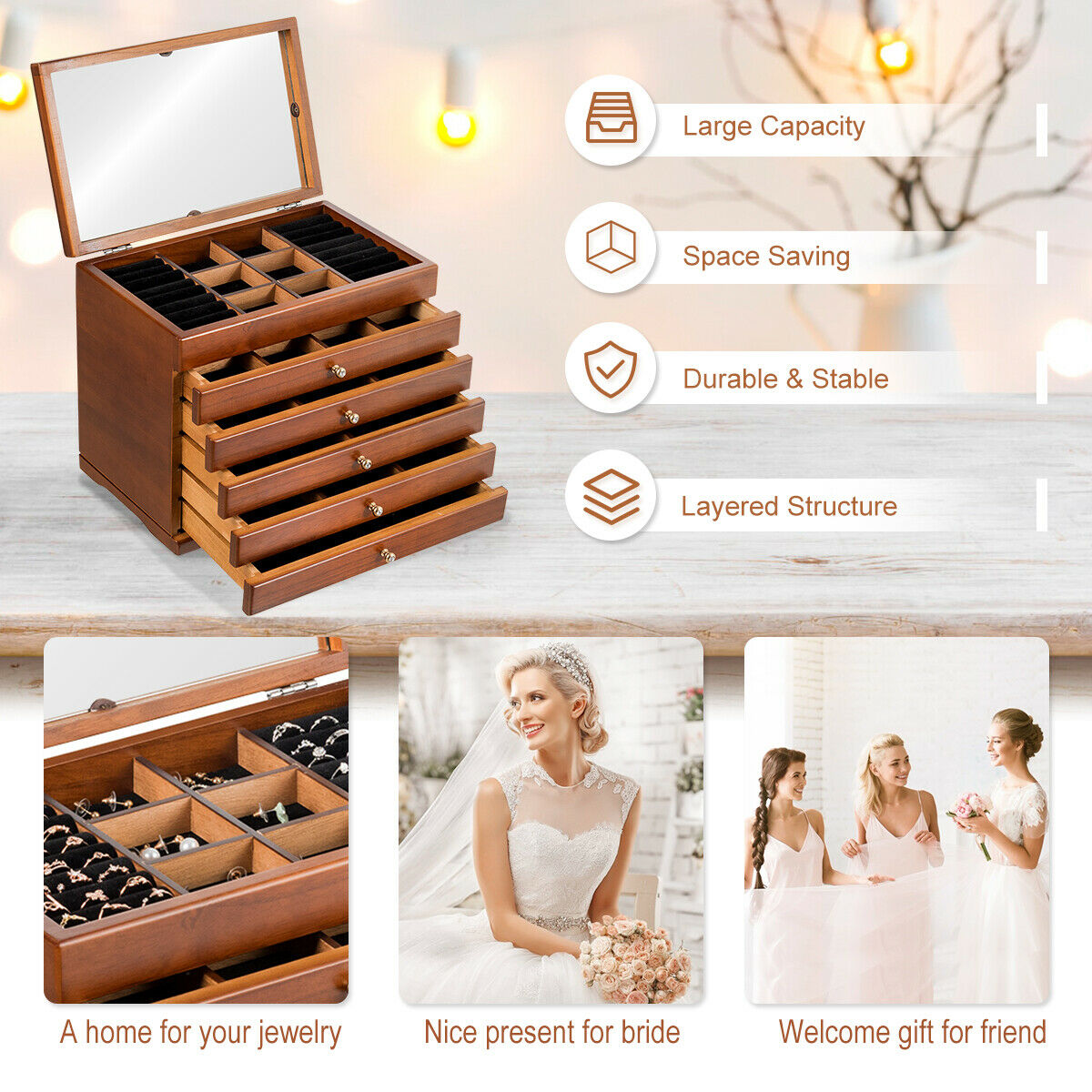 Mirrored Wooden Jewellery Box Chest Rings Necklaces Storage Organiser Cabinet