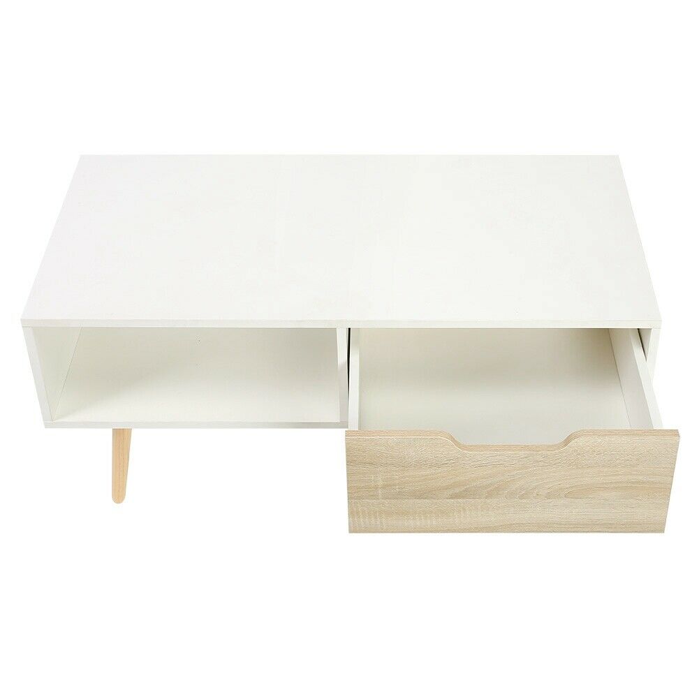 2 Tier Modern Coffee Table Rectangle Wood Living Room Storage Shelf 1 Drawer