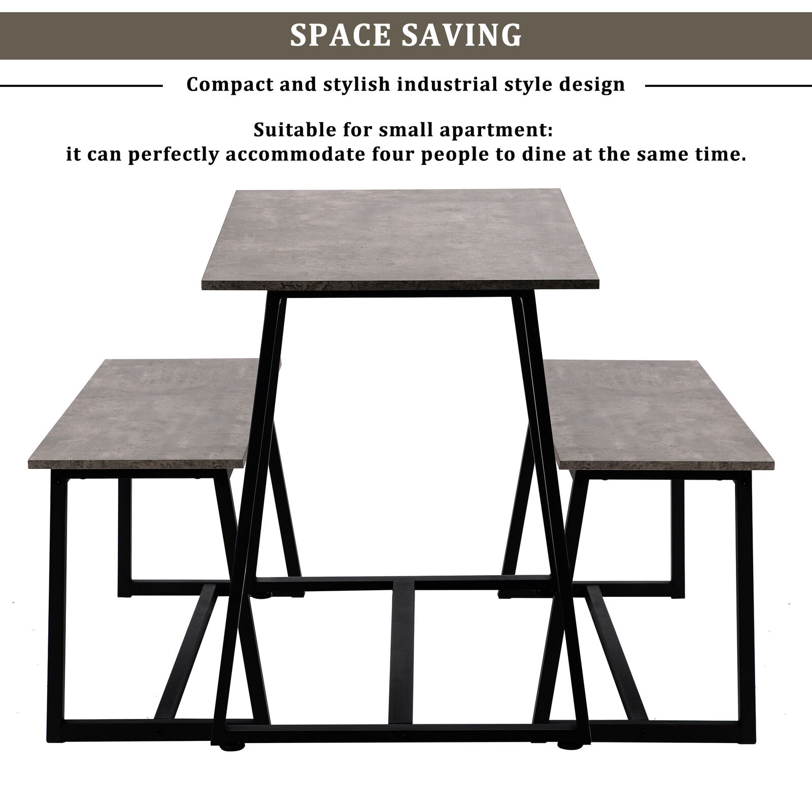4-Seater Dining Table Set with 2 Benches Breakfast Kitchen Furniture Steel Frame