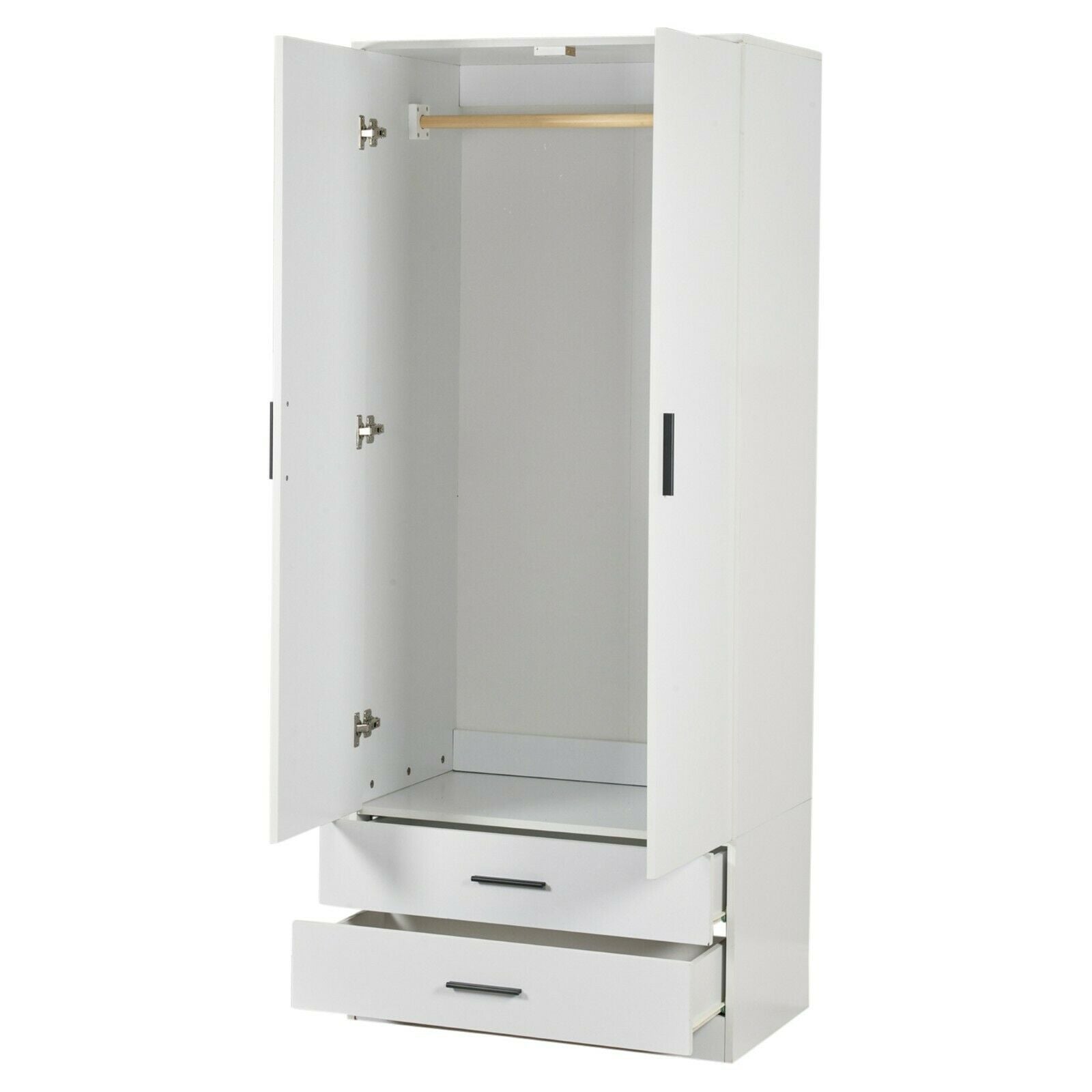 Tall Wooden 2 Door Wardrobe With 2 Drawers Bedroom Storage Hanging Bar Clothes