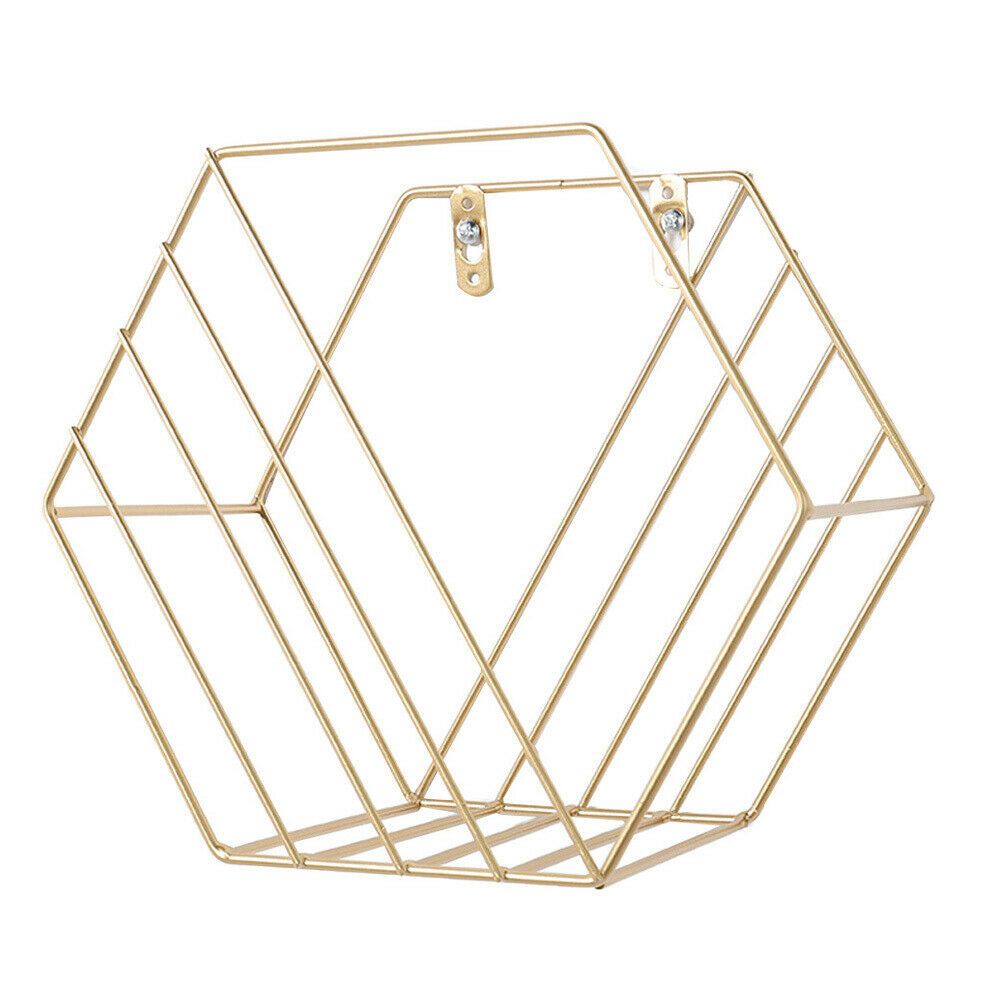 2x Hexagon Metal Wire Wall Shelf Home Decor Magazine Storage Floating Shelf Gold