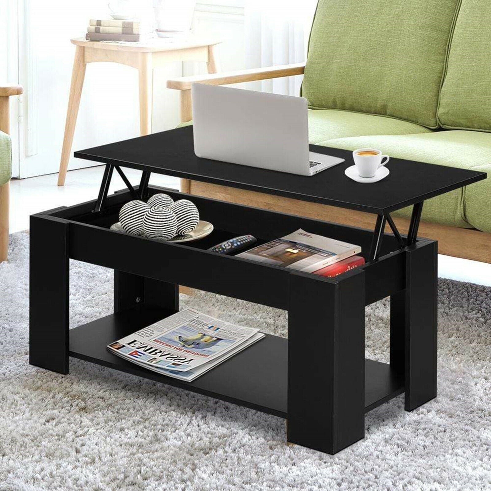 Black Wooden Coffee Table With Storage Lift Top Up Drawer Living Room Furniture