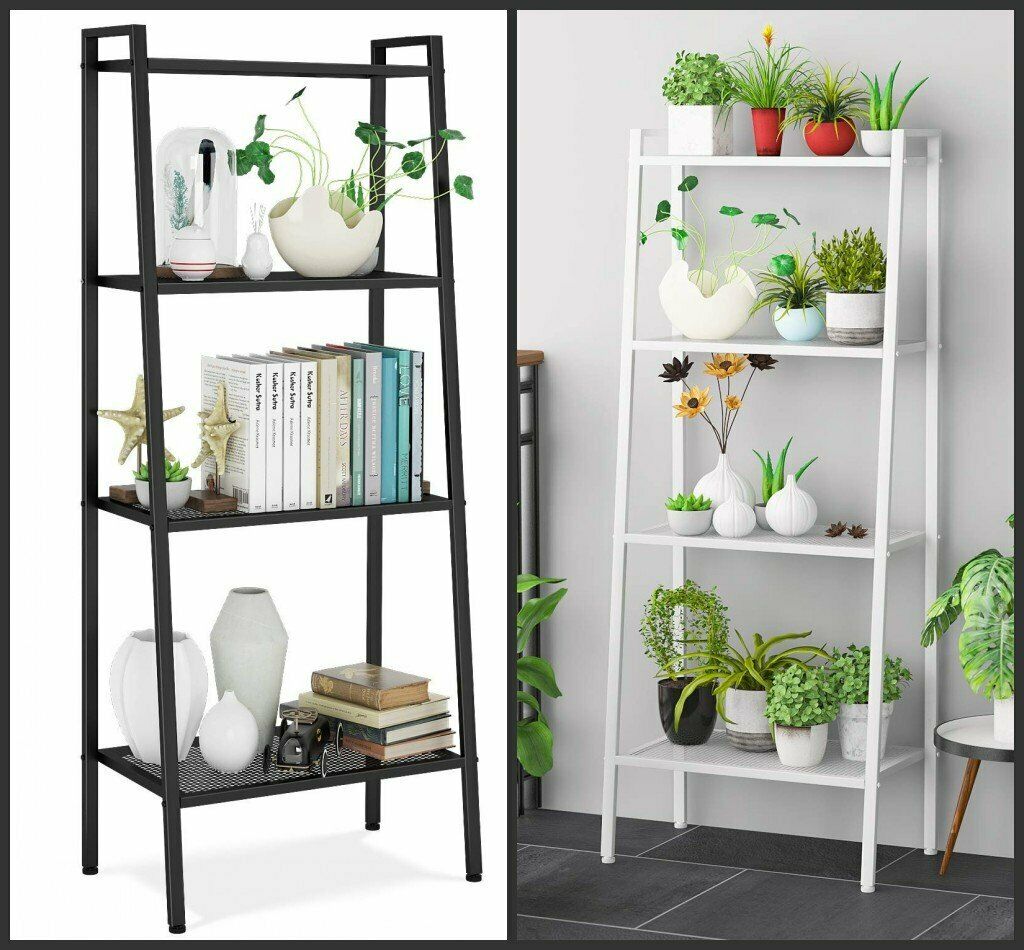 4 Tier Ladder Shelf Home Storage/Display Unit White/Black Bookcase Standing Rack