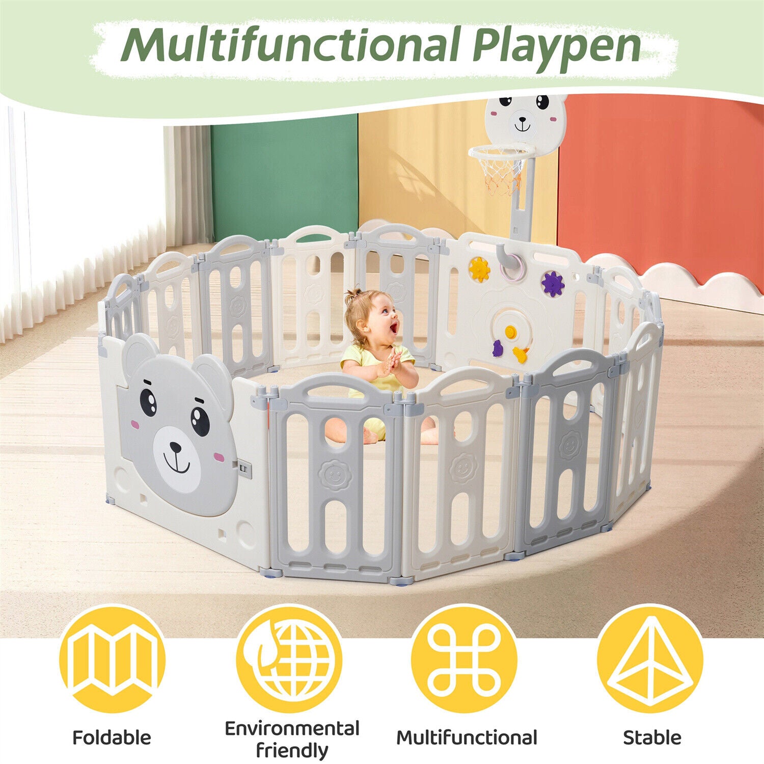 14 Panels Baby Playpen Foldable Kids Safety Activity Center HDPE Yard Fence Grey