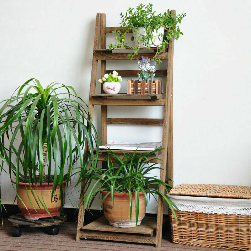 3&4 Tier Wooden Ladder Shelf Storage Home Display Unit Plant Flower Shelves