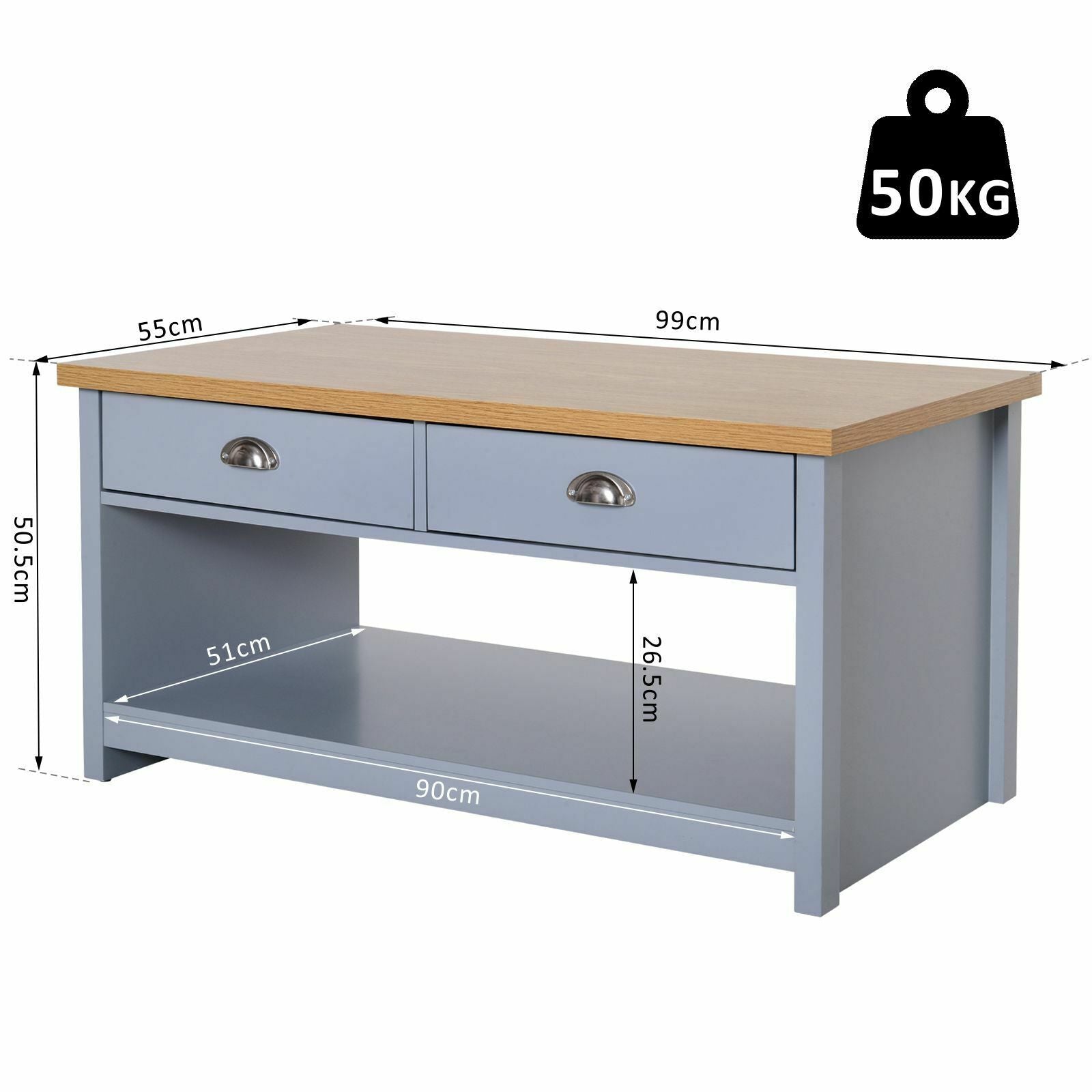 Coffee Table w/ 2 Drawers Open Display Wood Effect Tabletop Retro Style
