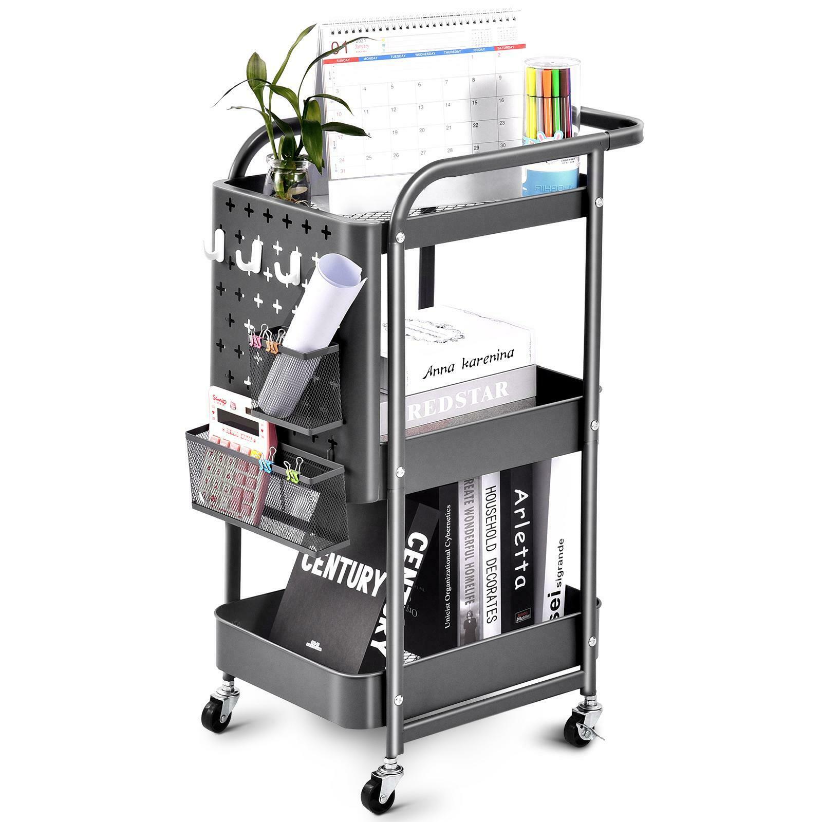 3 Tier Slim Kitchen Storage Trolley Cart Rack Tray Shelf Rolling Wheel W/ Handle