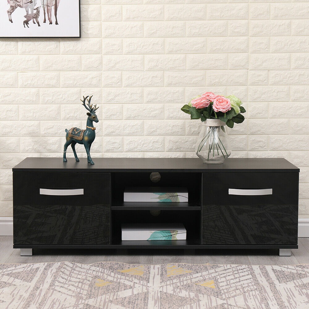 TV Cabinet with 2 High Gloss Doors&2 Shelves Matt Body, White/Black