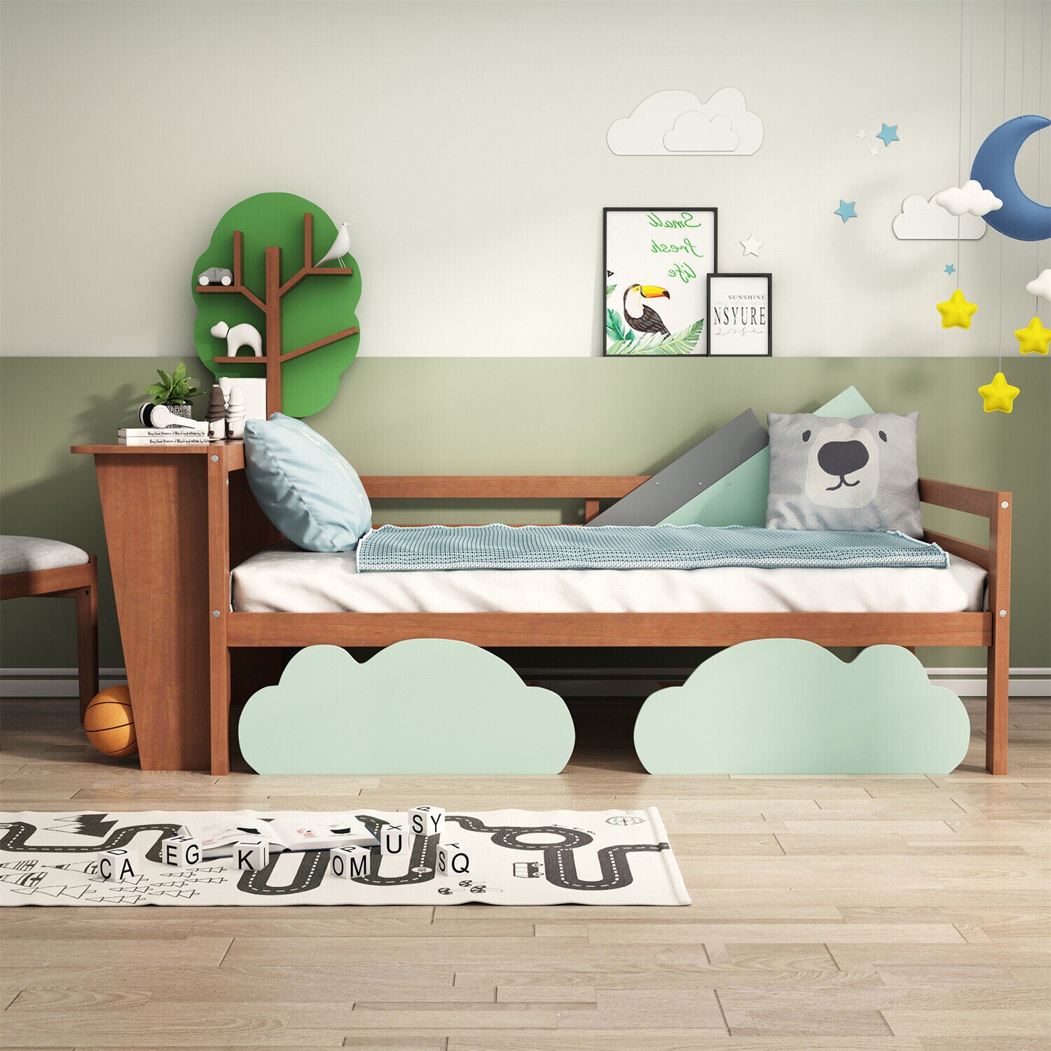 Kids Toddler Bed 3ft Single Daybed Tree Shelves Storage Bed Frame w/ 2 Drawer HT