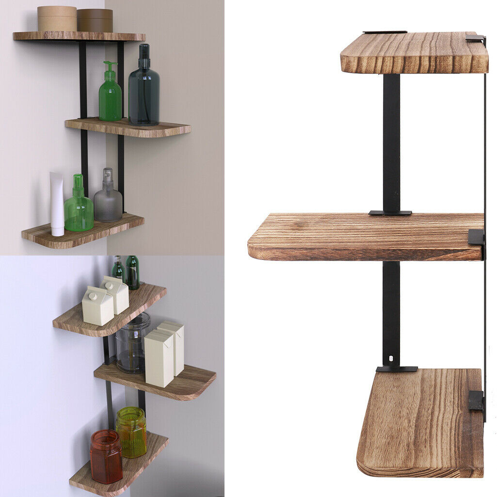 3 Tiers Rustic Solid Wooden Rack Wall Hanging Metal Shelf Storage Adjust Design