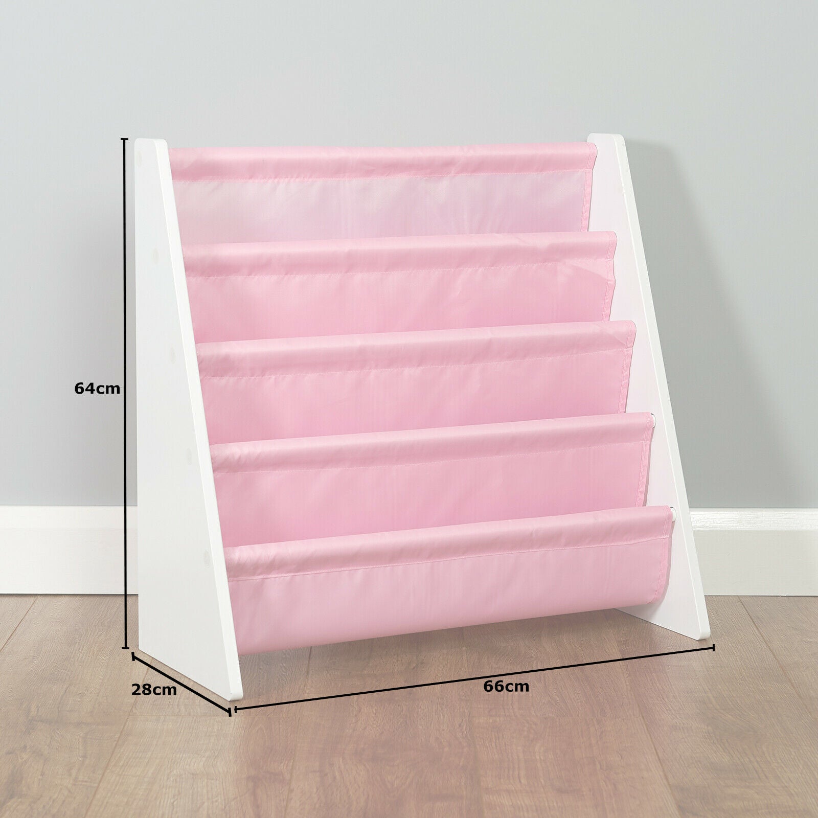White/Pink Childrens Book Case Sling Storage Rack Shelf Girls Bedroom Furniture