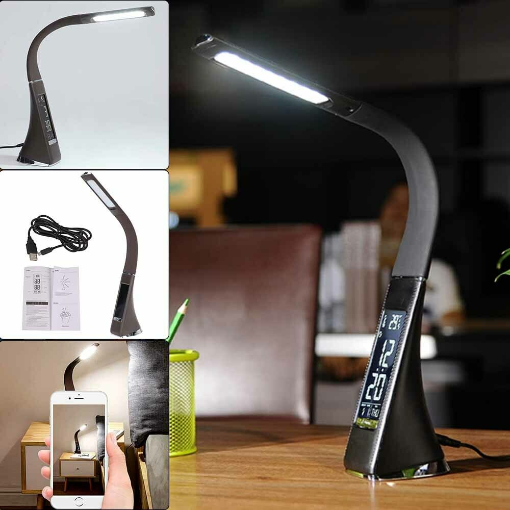 LED Dimmable Reading Bedside Lamp Table Desk Light Calendar Clock Touch