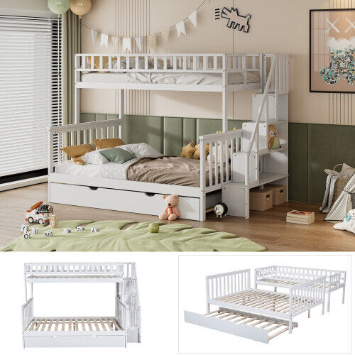 3ft & 4ft6 Kids Wooden Bunk Beds with Stairs and Pull Out Trundle Bed Frame HT