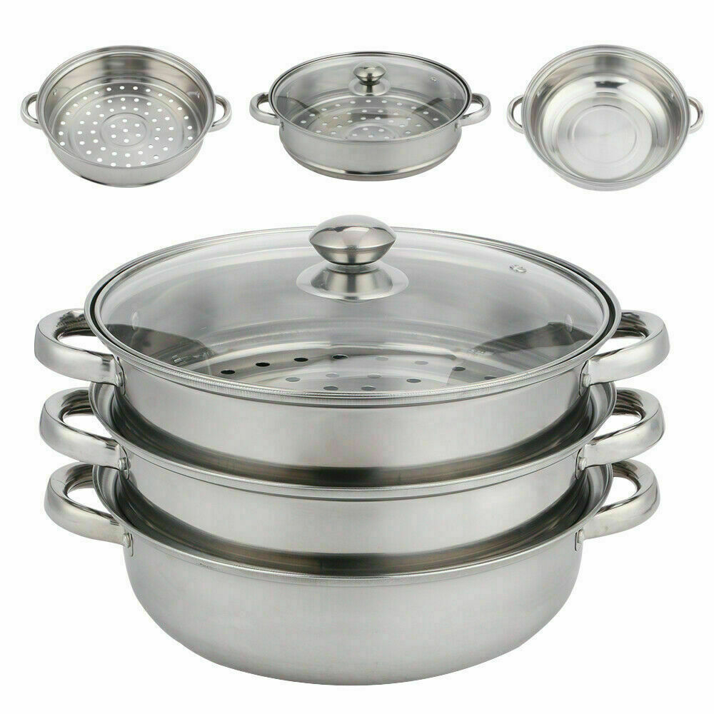 3 TIER INDUCTION HOB STAINLESS STEEL 28CM STEAMER POT PAN COOKER SET GLASS LID