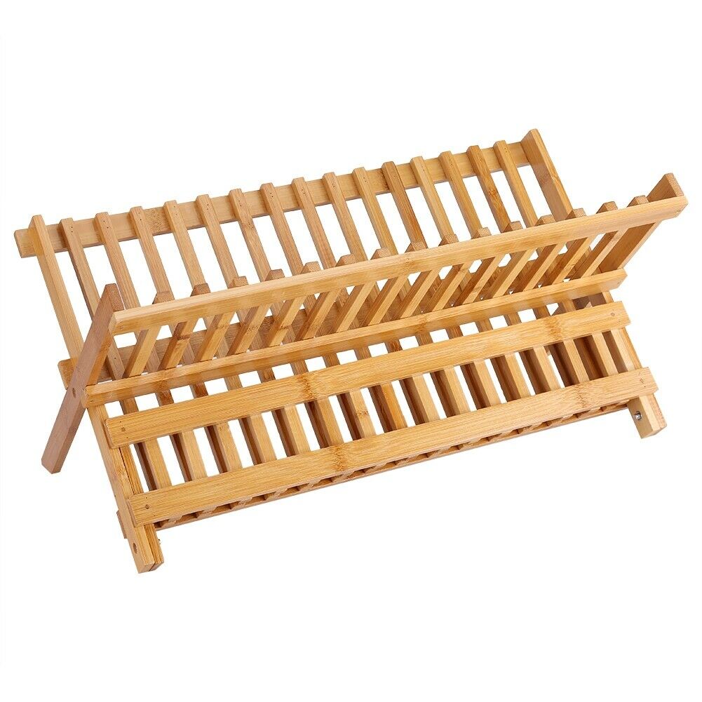Folding Bamboo Wooden Draining Rack Dish Drainer Plate Washing Up Counter Sink
