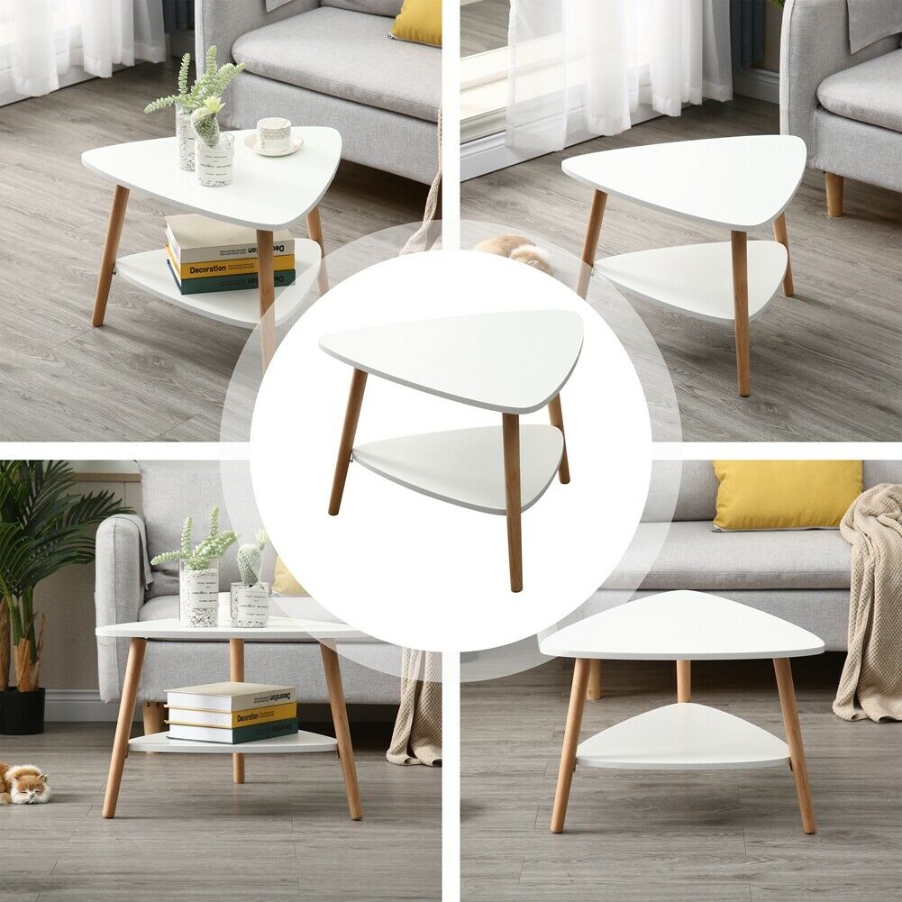 2 Tier Triangle Coffee Table with Solid Wood Legs Living Room Furniture Modern