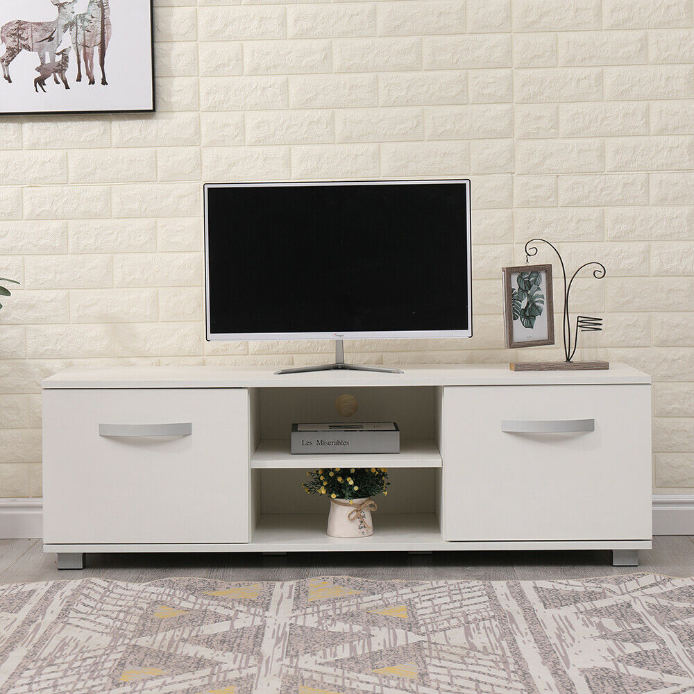 TV Cabinet with 2 High Gloss Doors&2 Shelves Matt Body, White/Black