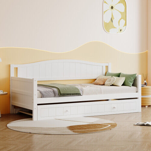 3ft Single Bed Wooden Day Bed Trundle Bed with Pull Out Trundle Guest Bed HT