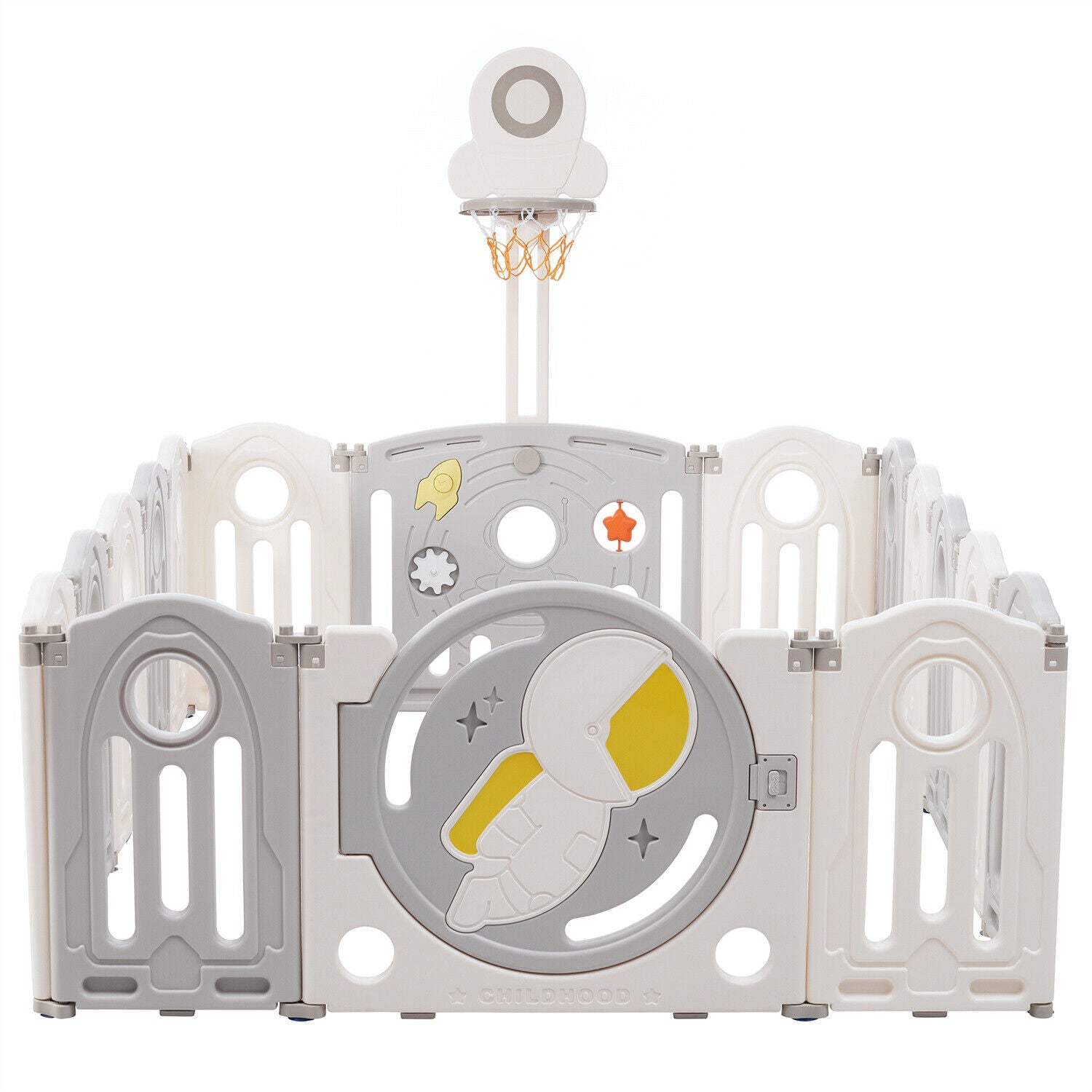 Foldable Baby Playpen with Activity Panel and Basketball Hoop 16 Panels Grey HT