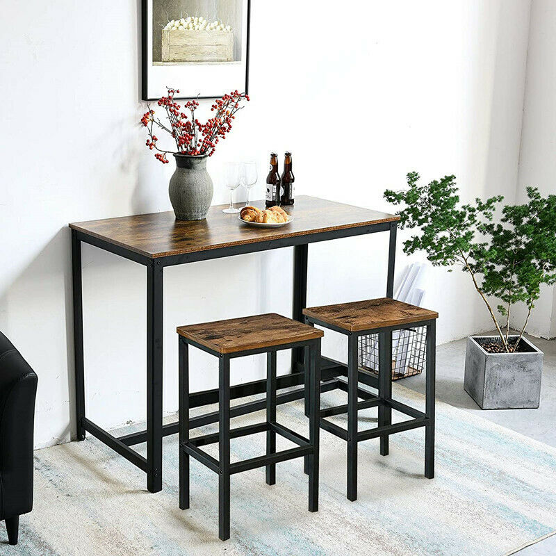 Home Breakfast Bar Table, 2 Bar Stools, Industrial Dining Table Set For Kitchen